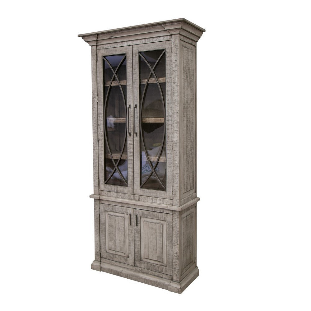 Miln 87 Inch Cabinet Pine Wood Weathered Gray 4 Doors Metal Handles BM311222