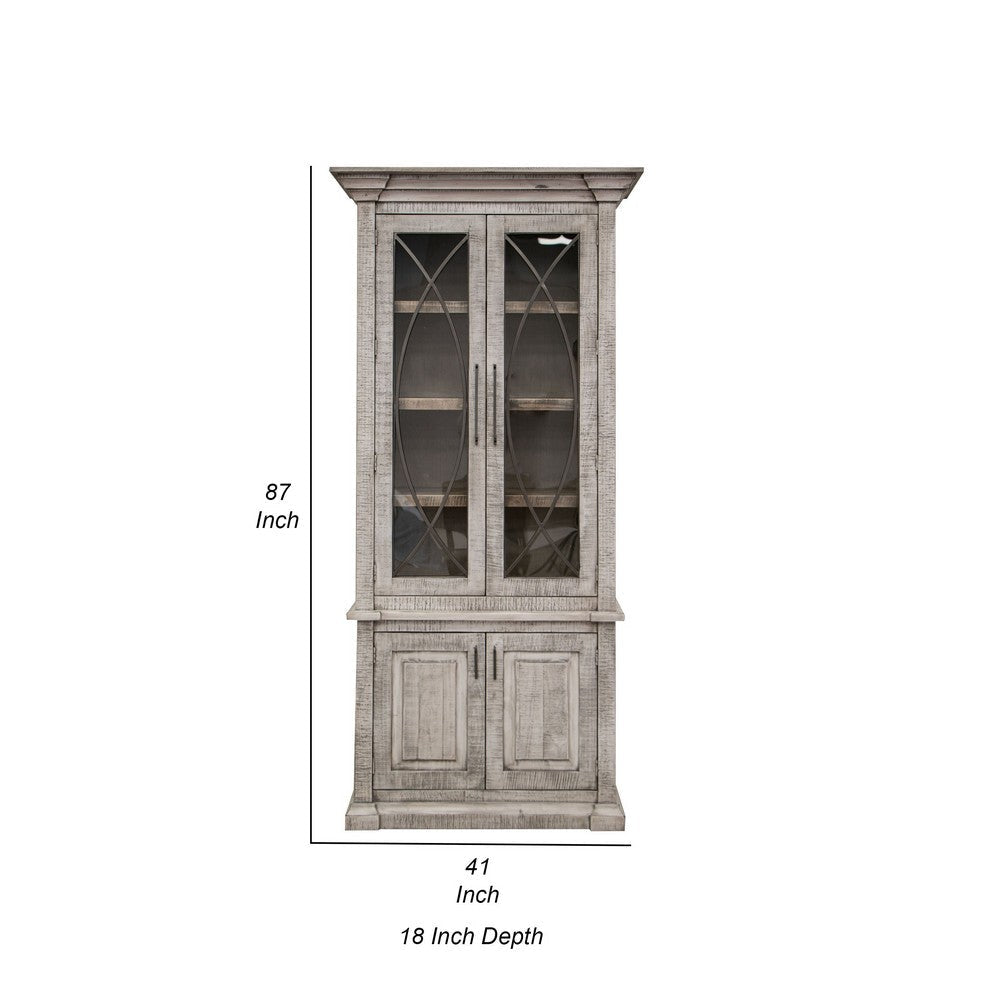 Miln 87 Inch Cabinet Pine Wood Weathered Gray 4 Doors Metal Handles BM311222