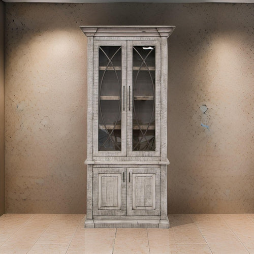 Miln 87 Inch Cabinet, Pine Wood, Weathered Gray, 4 Doors, Metal Handles