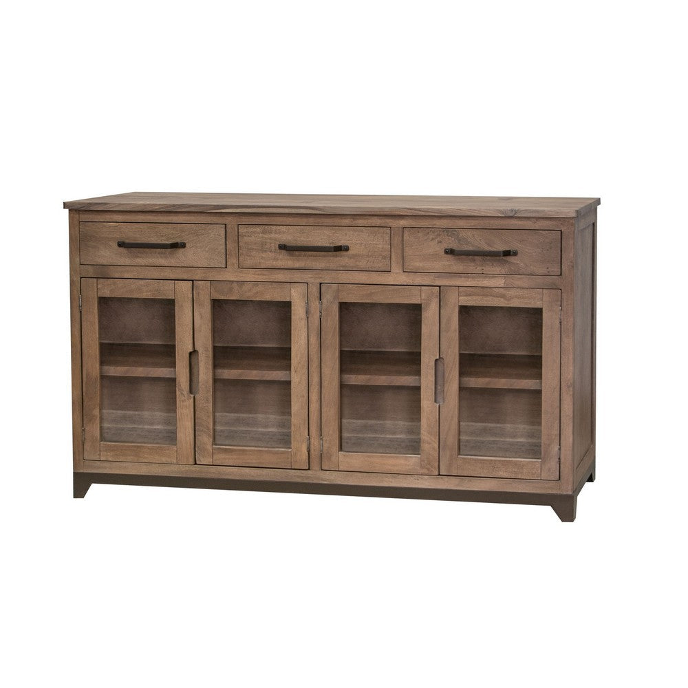 Umey 70 Inch Sideboard Console Mango Wood 3 Drawers 4 Glass Doors Brown By Casagear Home BM311224