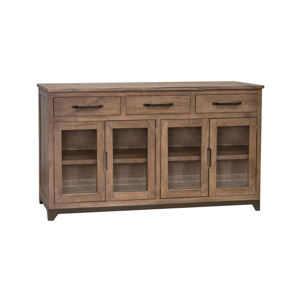 Umey 70 Inch Sideboard Console Mango Wood 3 Drawers 4 Glass Doors Brown By Casagear Home BM311224