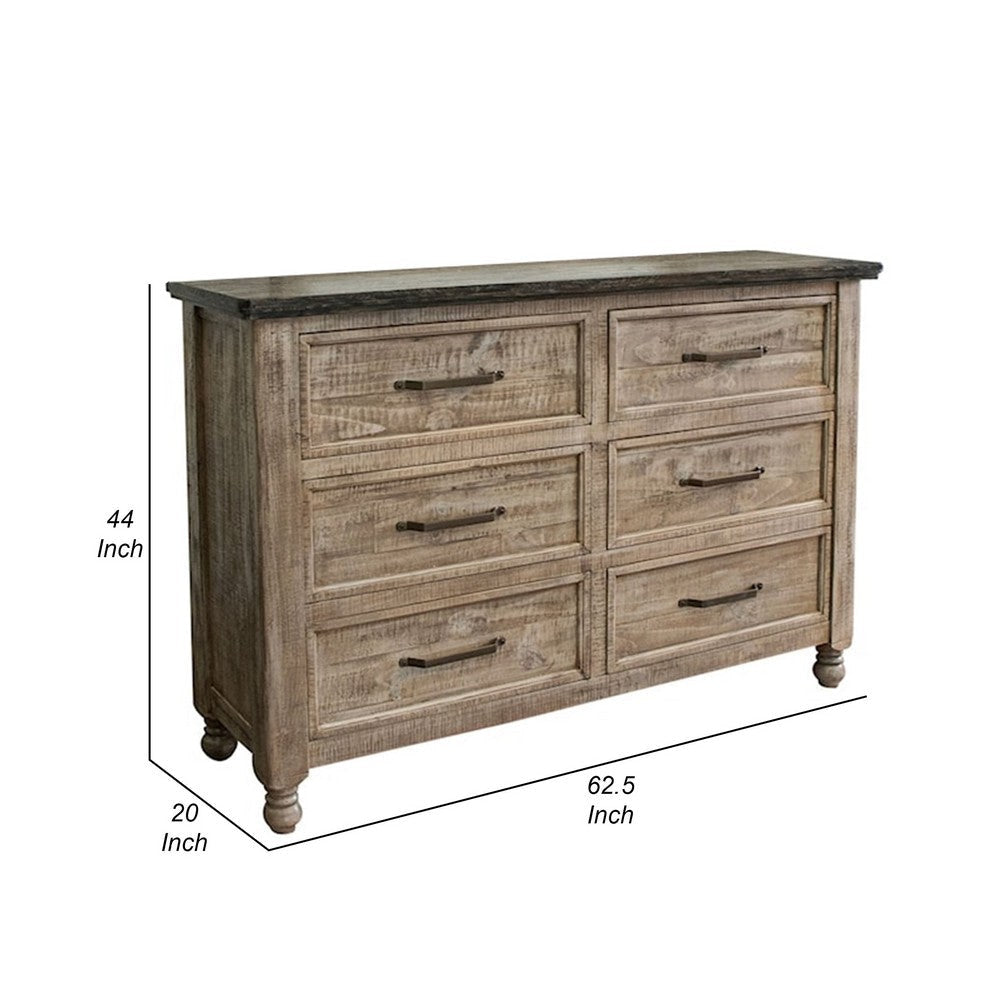 Nite 63 Inch Dresser Pine Wood 6 Drawers Turned Legs Taupe Brown By Casagear Home BM311226