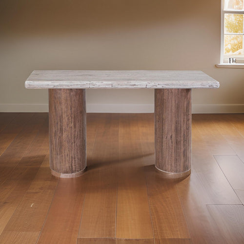 Kohl 55 Inch Sofa Table, Brown Mango Wood, Drum Base, Cream Floated Top By Casagear Home