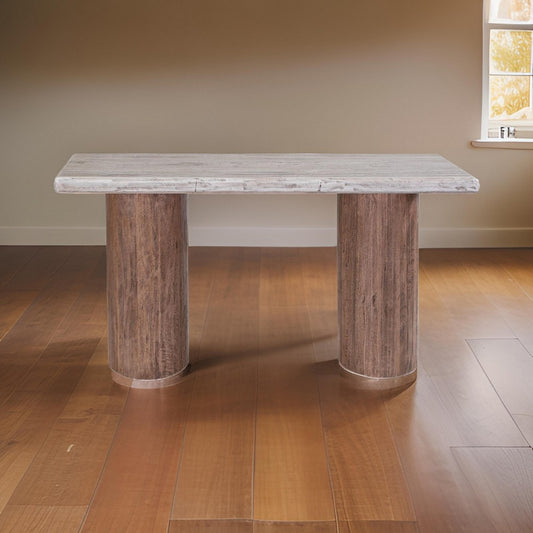 Kohl 55 Inch Sofa Table, Brown Mango Wood, Drum Base, Cream Floated Top By Casagear Home