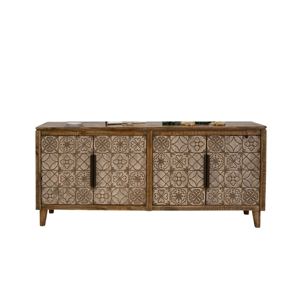 Vera 69 Inch Sideboard Console Brown Pine Wood 4 Doors Geometric Beige By Casagear Home BM311236