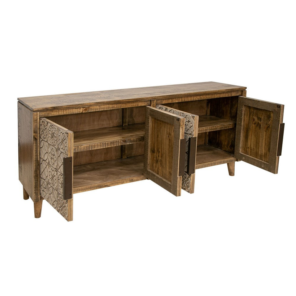 Vera 69 Inch Sideboard Console Brown Pine Wood 4 Doors Geometric Beige By Casagear Home BM311236