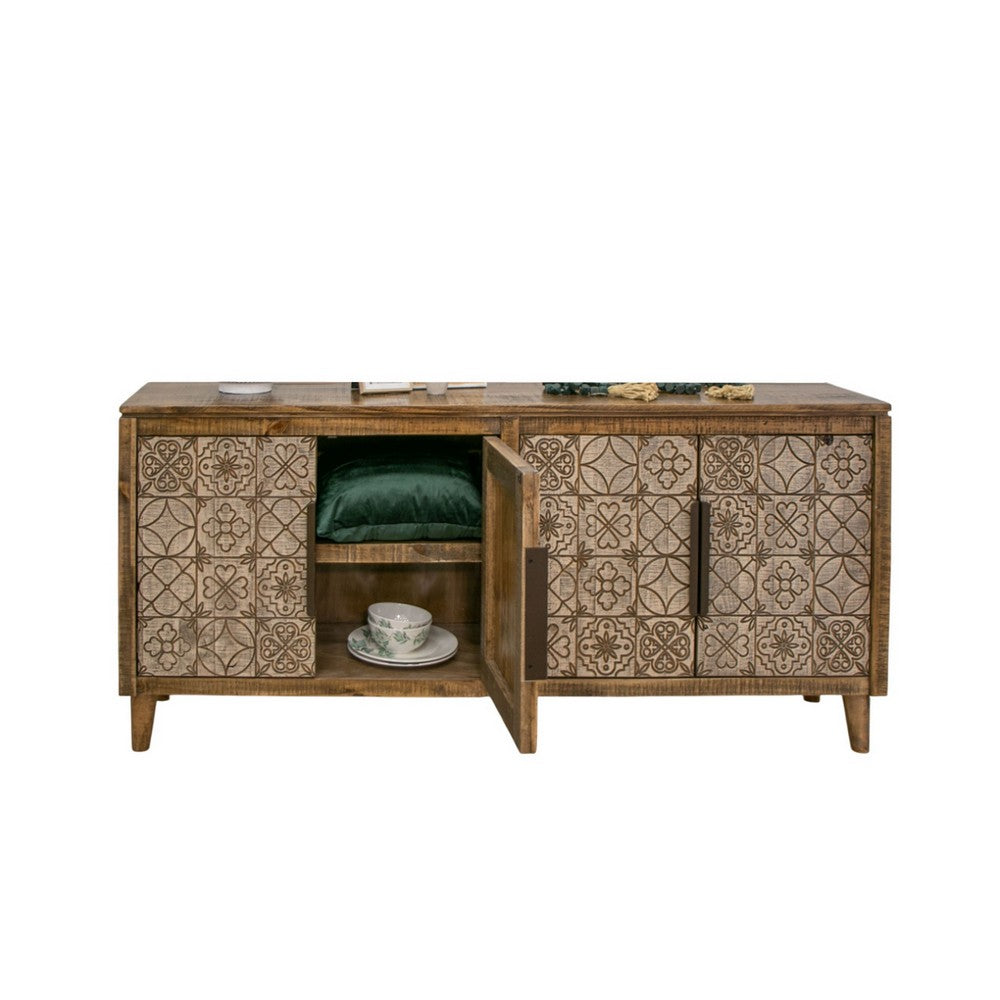 Vera 69 Inch Sideboard Console Brown Pine Wood 4 Doors Geometric Beige By Casagear Home BM311236