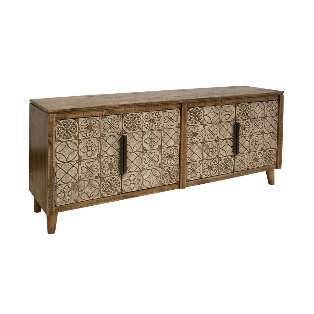 Vera 69 Inch Sideboard Console, Brown Pine Wood, 4 Doors, Geometric, Beige By Casagear Home