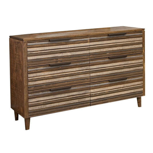 Texu 62 Inch Dresser, Pine Wood, 6 Drawers, Tapered Legs, Brown, Blue By Casagear Home