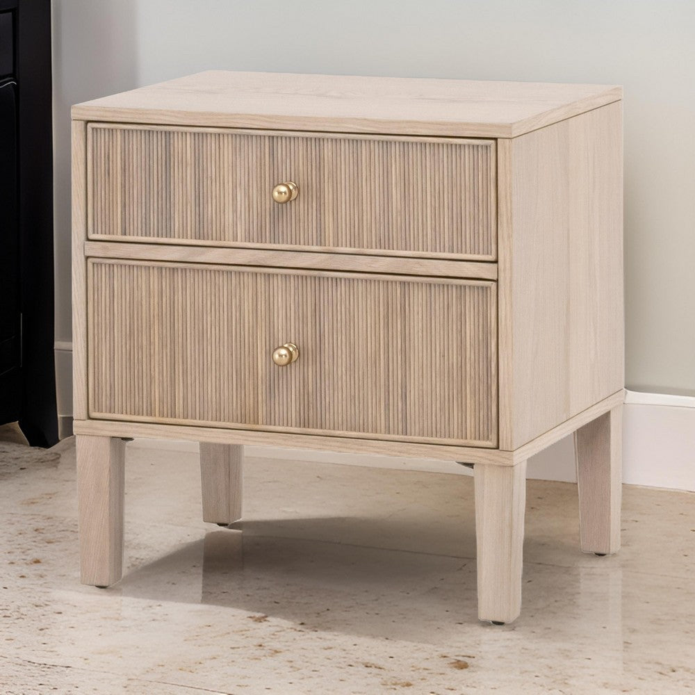 23 Inch Nightstand, 2 Drawers with Knobs, Fluted Front Details, Oak Brown By Casagear Home