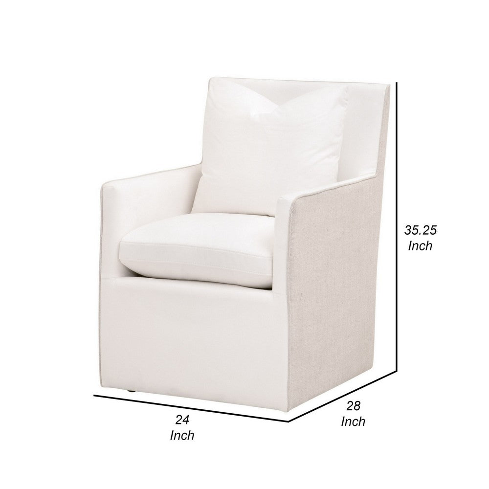 28 Inch Dining Armchair with Caster Wheels 1 Pillow Piped Details White By Casagear Home BM311364