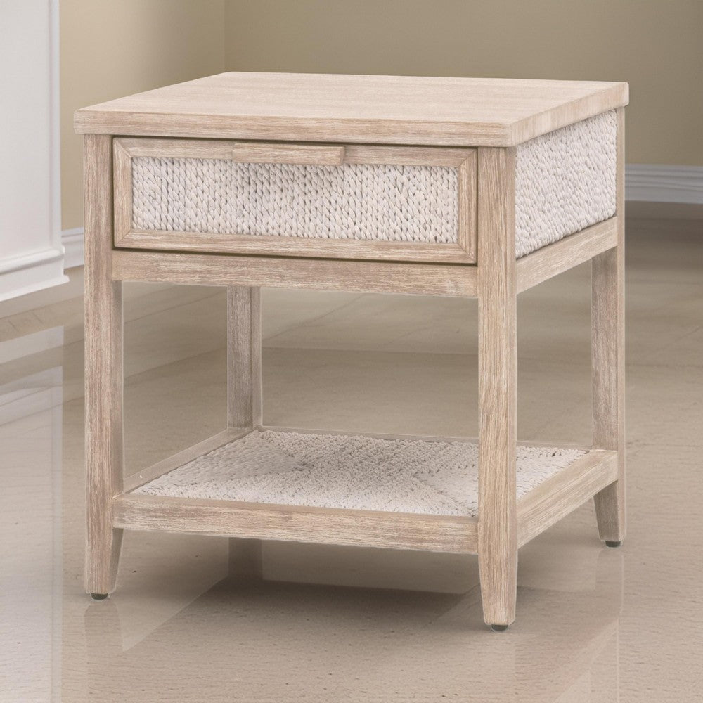 24 Inch Nightstand, 1 Drawer with Handle, Hand Woven Rope, White, Oak Brown By Casagear Home