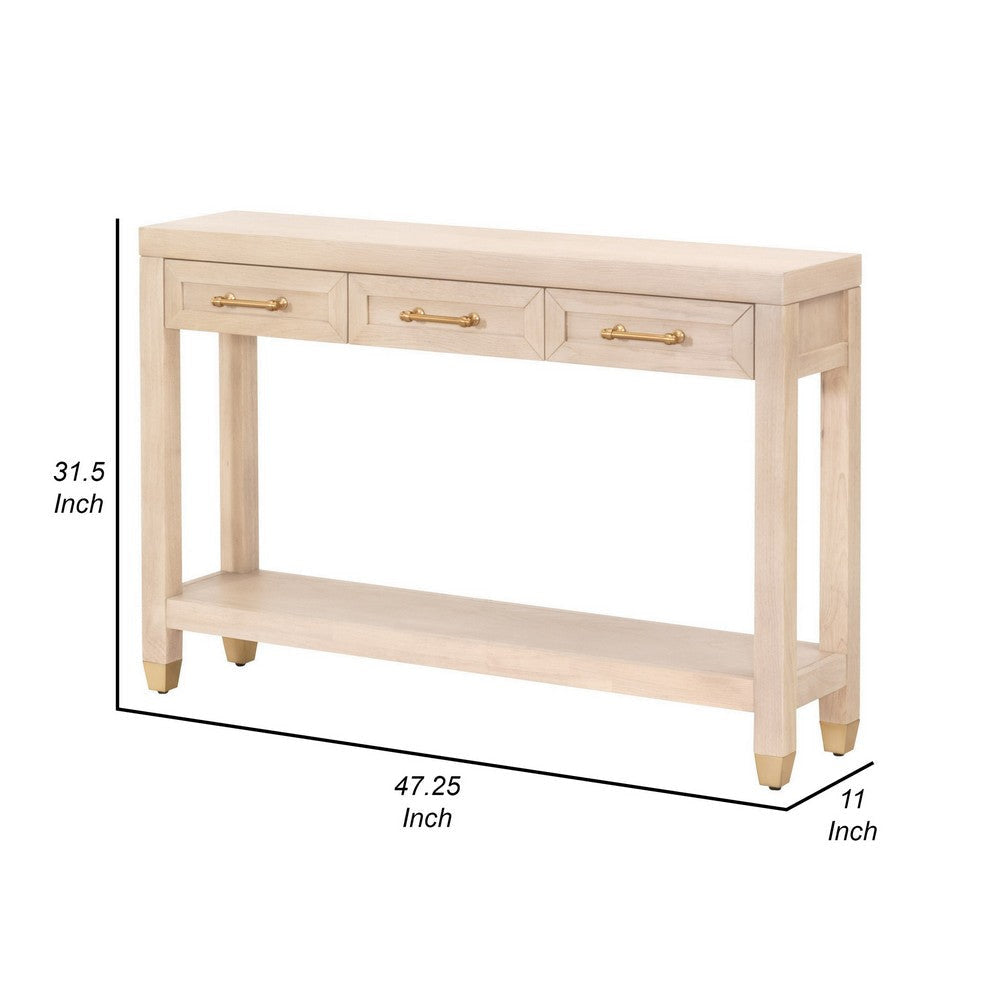 Jae 47 Inch Console Table 3 Drawers Gold Handles Rectangular Oak Brown By Casagear Home BM311372