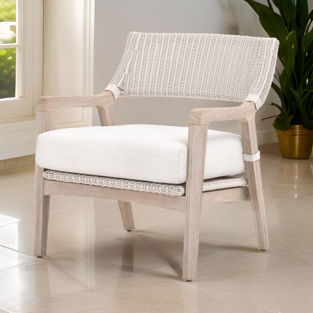 29 Inch Club Chair, Gray Teak Wood, Woven Back and Seat, White Cushion By Casagear Home