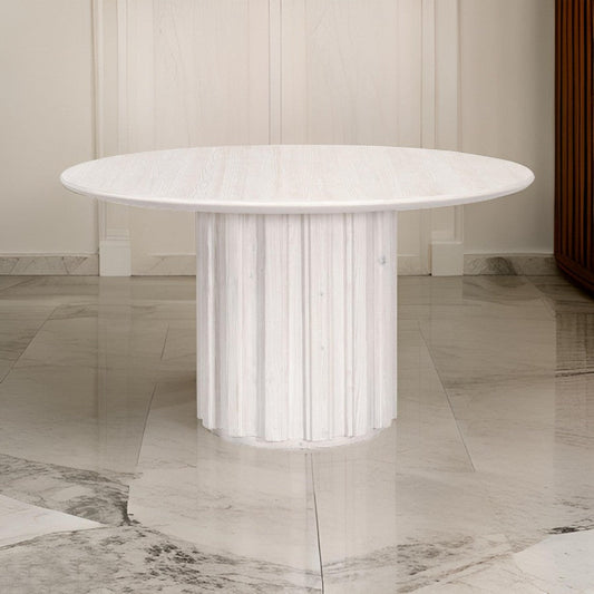 Nyl 21 Inch Coffee Table, Round Shape, Fluted Details, Plinth Base, White By Casagear Home