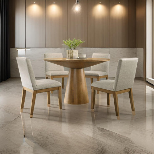 Yuvi 5 Piece Dining Table and Chair Set, Brown Round Top, Beige Cushioned By Casagear Home