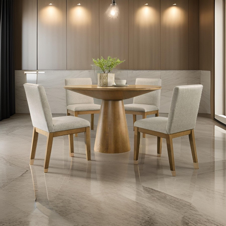 Yuvi 5 Piece Dining Table and Chair Set, Brown Round Top, Beige Cushioned By Casagear Home