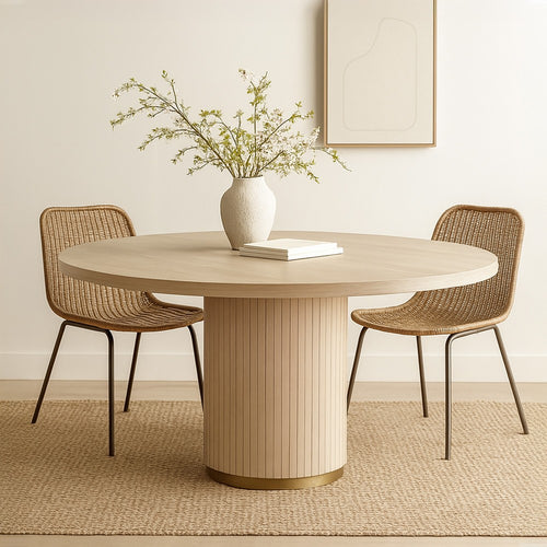 Emi 59 Inch Dining Table, Round Top and Pedestal Base, Rustic Brown, Gold By Casagear Home