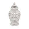 24 Inch Temple Ginger Jar Ceramic White Carved Lattice Design with Lid By Casagear Home BM311431