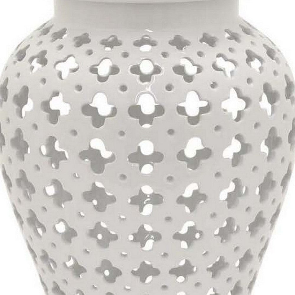 24 Inch Temple Ginger Jar Ceramic White Carved Lattice Design with Lid By Casagear Home BM311431