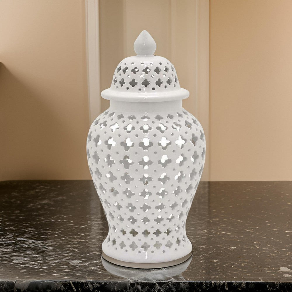 24 Inch Temple Ginger Jar, Ceramic White Carved Lattice Design with Lid By Casagear Home