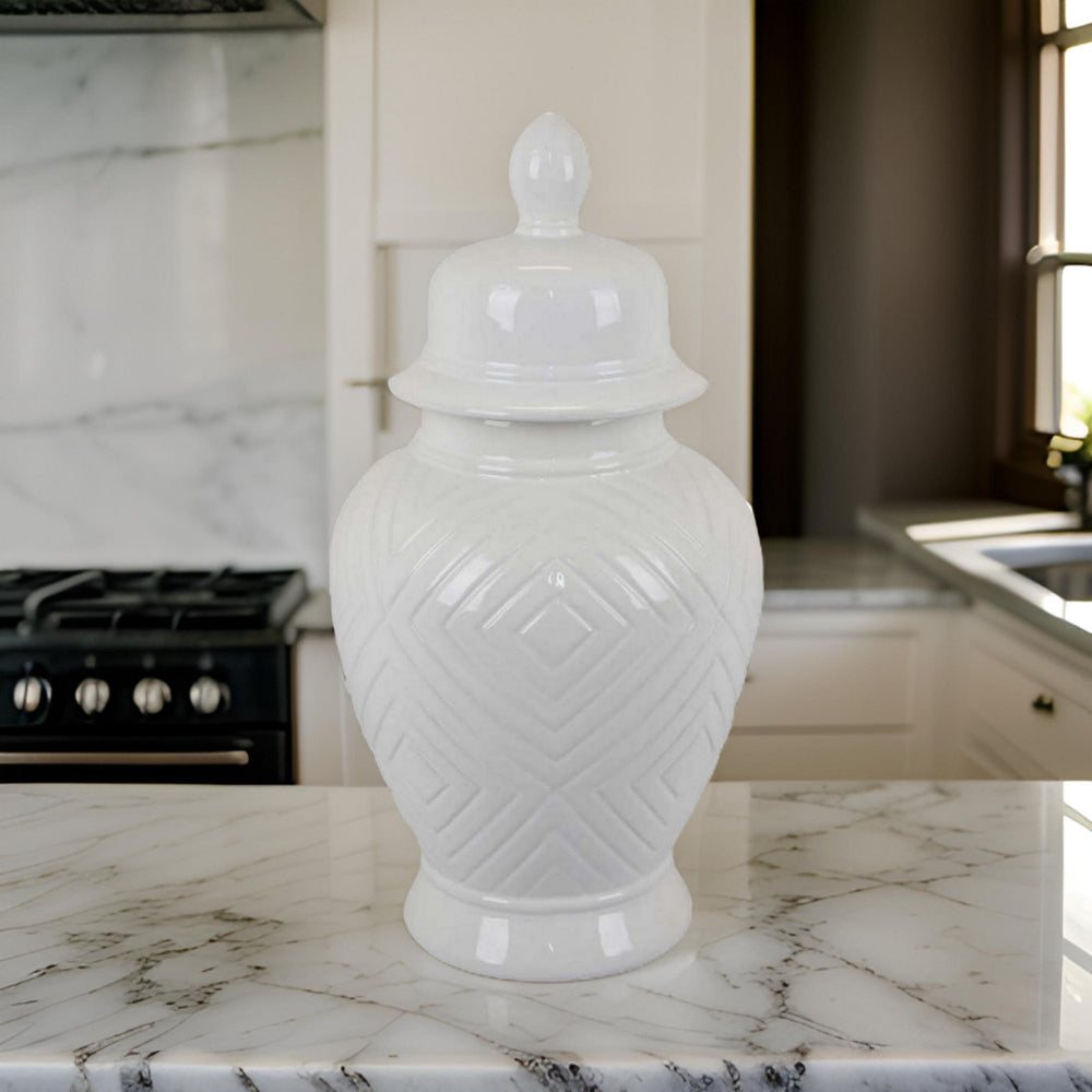 18 Inch Temple Ginger Jar with Dome Lid Geometric Design Ceramic White By Casagear Home BM311442