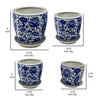 Planter With Saucer Set of 4 Vintage Blue Floral Print White Ceramic By Casagear Home BM311454