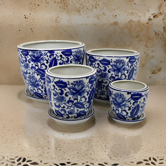 Planter With Saucer Set of 4, Vintage Blue Floral Print, White Ceramic  By Casagear Home