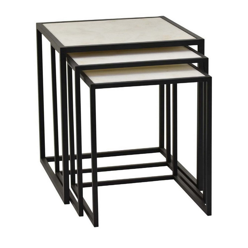 Plant Stand Table Set of 3 Nesting Open Black Metal Frame White Top By Casagear Home BM311456