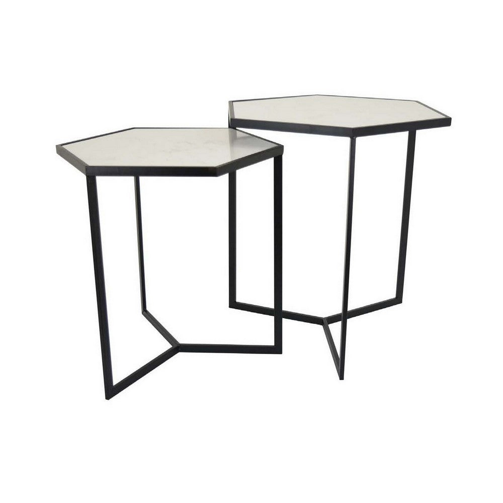 Plant Stand Table Set of 2 Black Metal Frame Hexagonal White Tabletop By Casagear Home BM311457