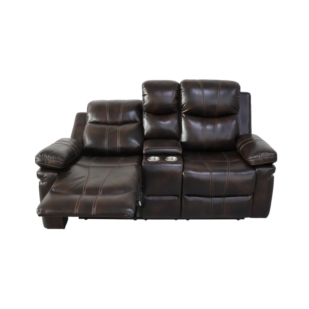 Linden 69 Inch Loveseat with Dual Recliners Console Brown Faux Leather By Casagear Home BM311478