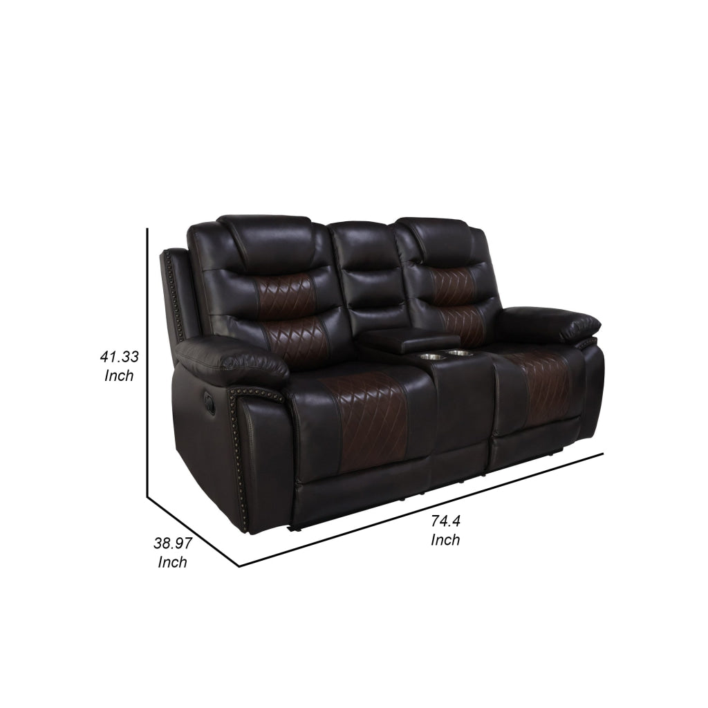 Asher 74 Inch Loveseat with Dual Recliners Console Brown Faux Leather By Casagear Home BM311483