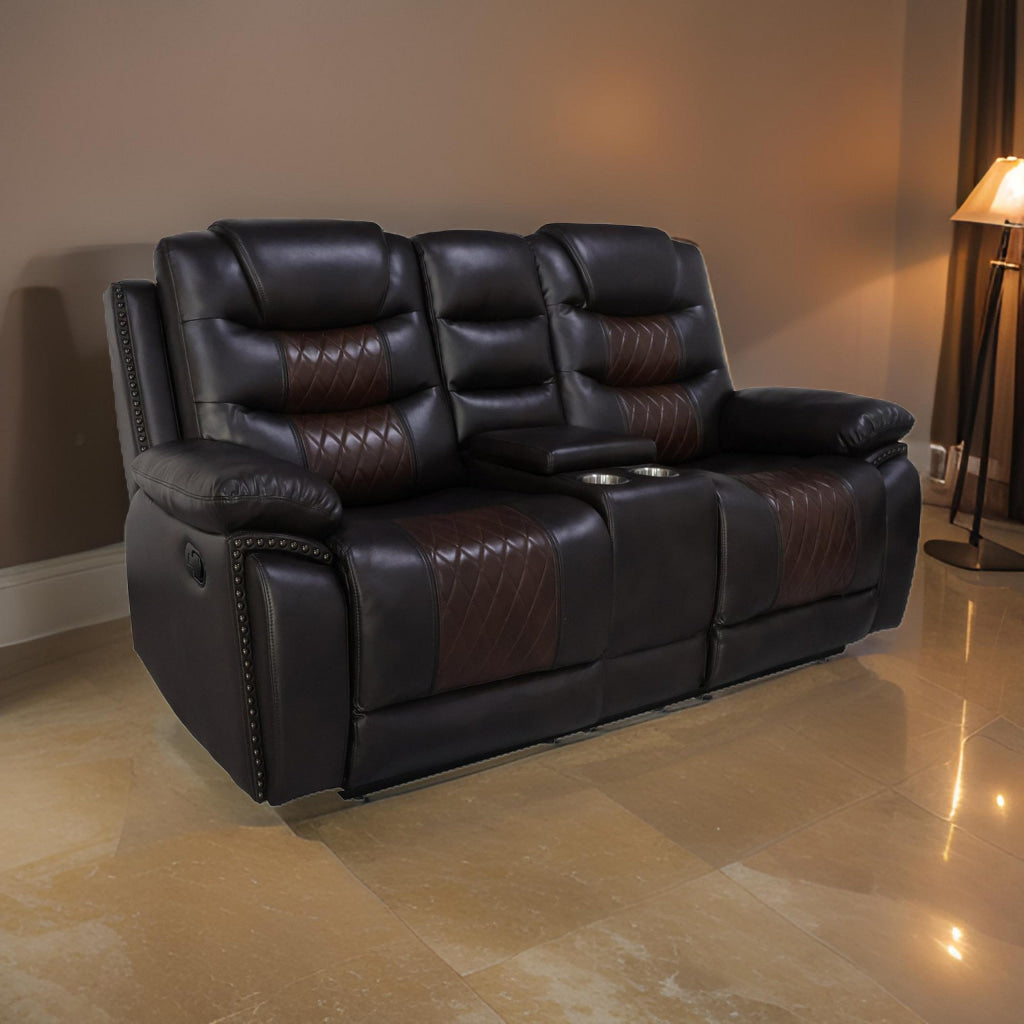 Asher 74 Inch Loveseat with Dual Recliners, Console, Brown Faux Leather By Casagear Home