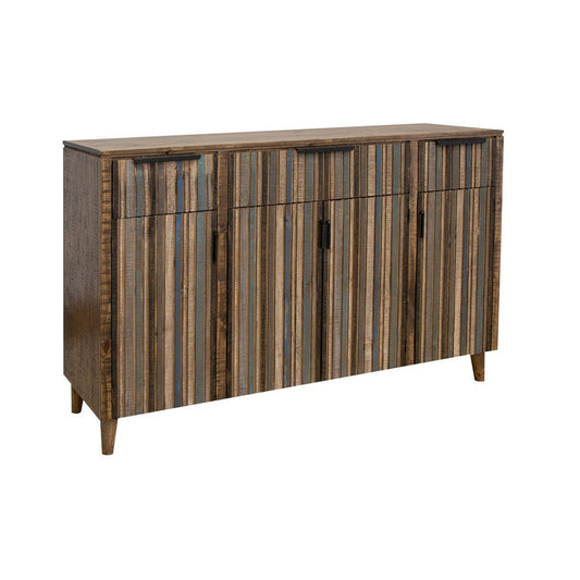 Texu 70 Inch Sideboard Console, Pine Wood, 4 Doors, 3 Drawers, Brown, Blue By Casagear Home