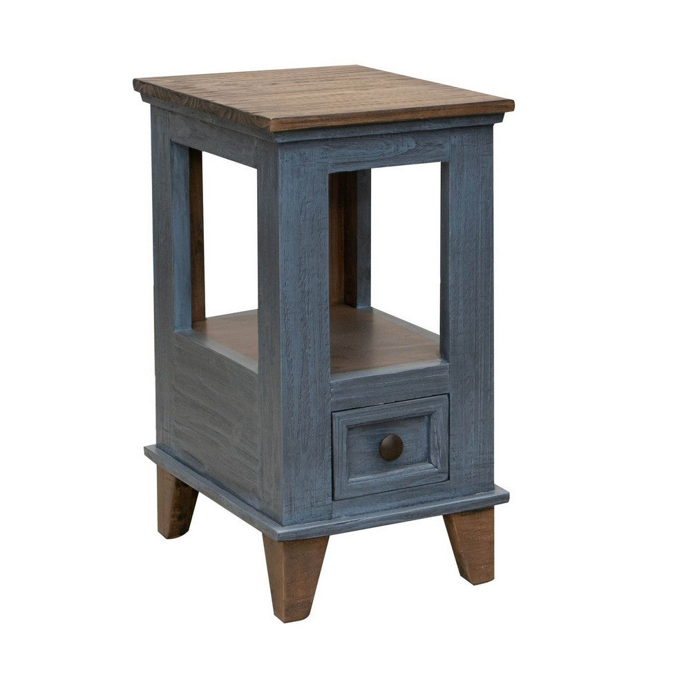 Rozy 26 Inch Chairside Table Pine Wood 1 Drawer Open Shelf Brown Blue By Casagear Home BM311496