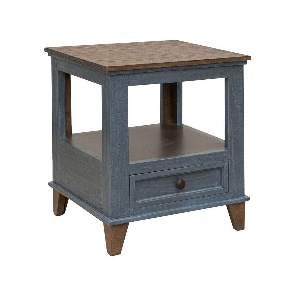 Rozy 26 Inch Side End Table Pine Wood 1 Drawer Open Shelf Brown Blue By Casagear Home BM311497