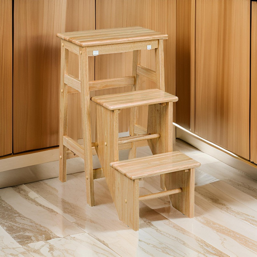 Nero 30 Inch Folding Step Stool, 3 Tier Design, Farmhouse, Natural Brown By Casagear Home