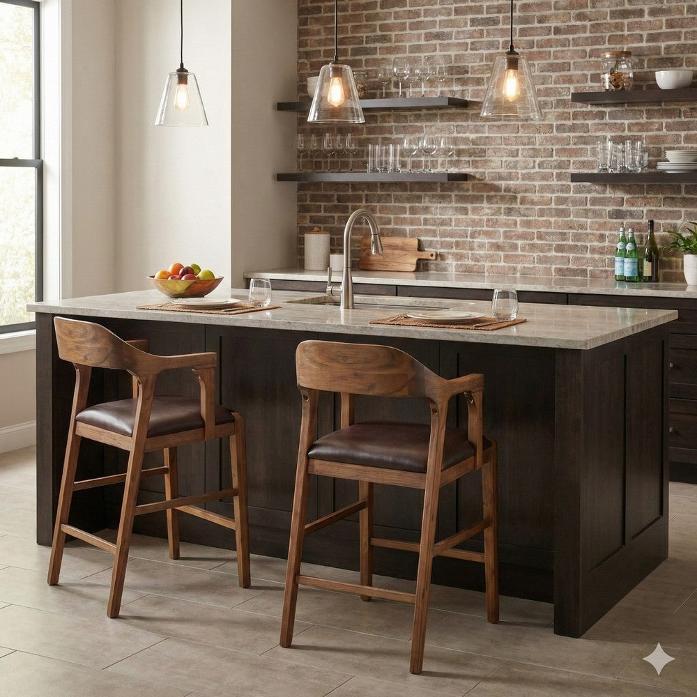 Rase 24 Inch Counter Stool Chair, Faux Leather, Open Back, Brown Wood By Casagear Home