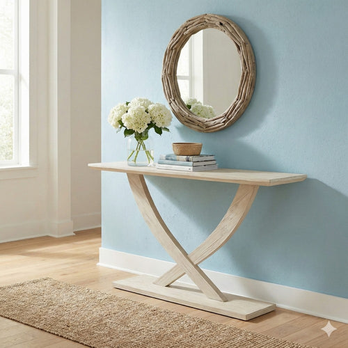 Rase 57 Inch Console Table, Cross Leg Design, Pedestal Base, Whitewash Wood By Casagear Home