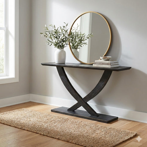 Rase 57 Inch Console Table, Cross Leg Design, Pedestal Base, Black Wood By Casagear Home