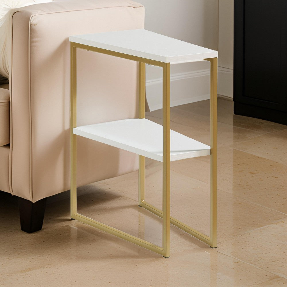 Bery 24 Inch Chairside Table, 2 Shelves, Gold Metal Frame, White Finish By Casagear Home