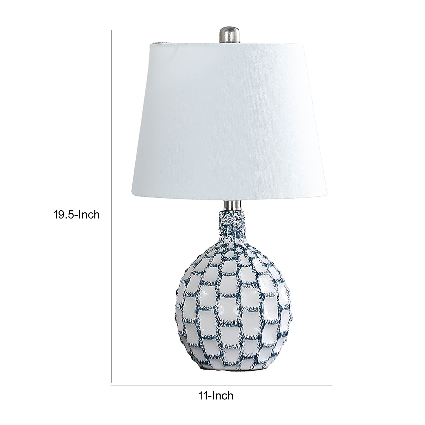 20 Inch Table Lamp Luxurious Lattice Ceramic Body Drum Shade Blue Silver By Casagear Home BM311576