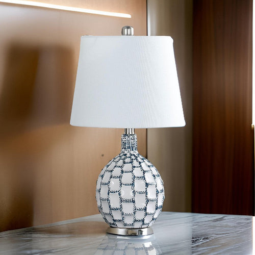 20 Inch Table Lamp, Luxurious Lattice Ceramic Body, Drum Shade, Blue Silver By Casagear Home