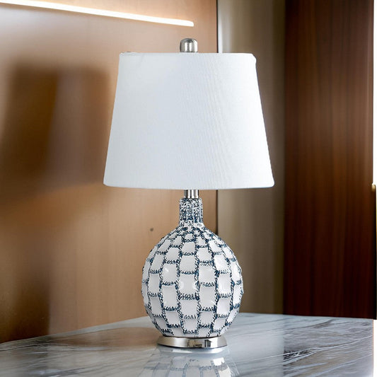 20 Inch Table Lamp, Luxurious Lattice Ceramic Body, Drum Shade, Blue Silver By Casagear Home