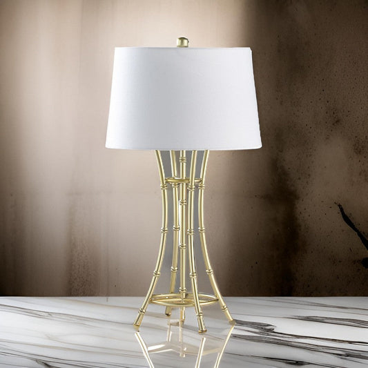 Lisi 29 Inch Table Lamp, White Drum Shade, Gold Mettalic Bamboo Style Base By Casagear Home