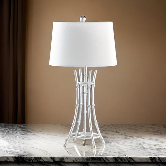 Lisi 29 Inch Table Lamp, White Shade, Silver Mettalic Bamboo Style Base By Casagear Home