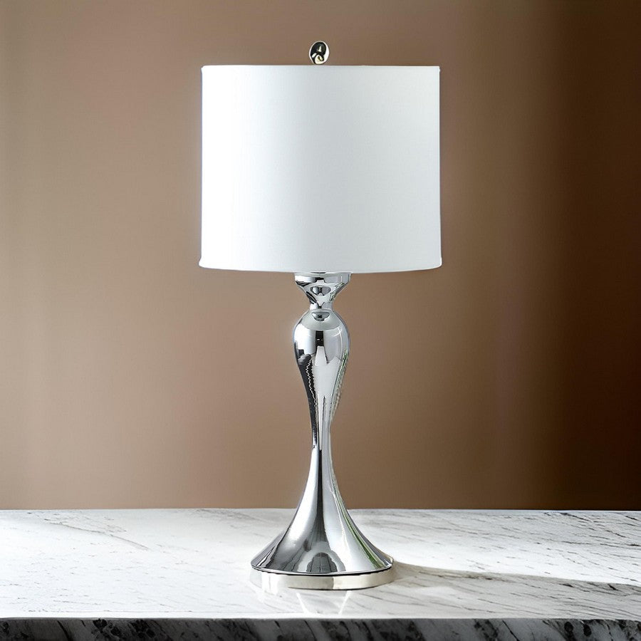 Omi 25 Inch Table Lamp, Drum White Shade, Sleek Slender Modern Chrome Body By Casagear Home