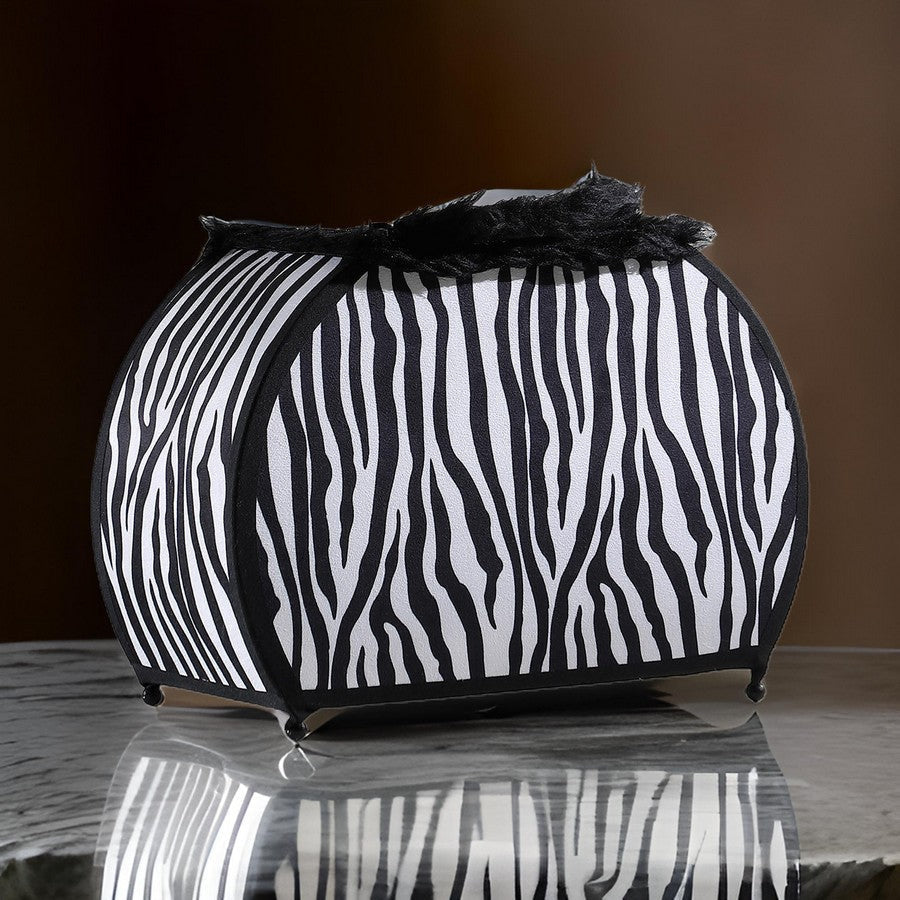 Wigi 12 Inch Accent Lamp, Purse, Zebra Animal Print, Black White Faux Fur By Casagear Home