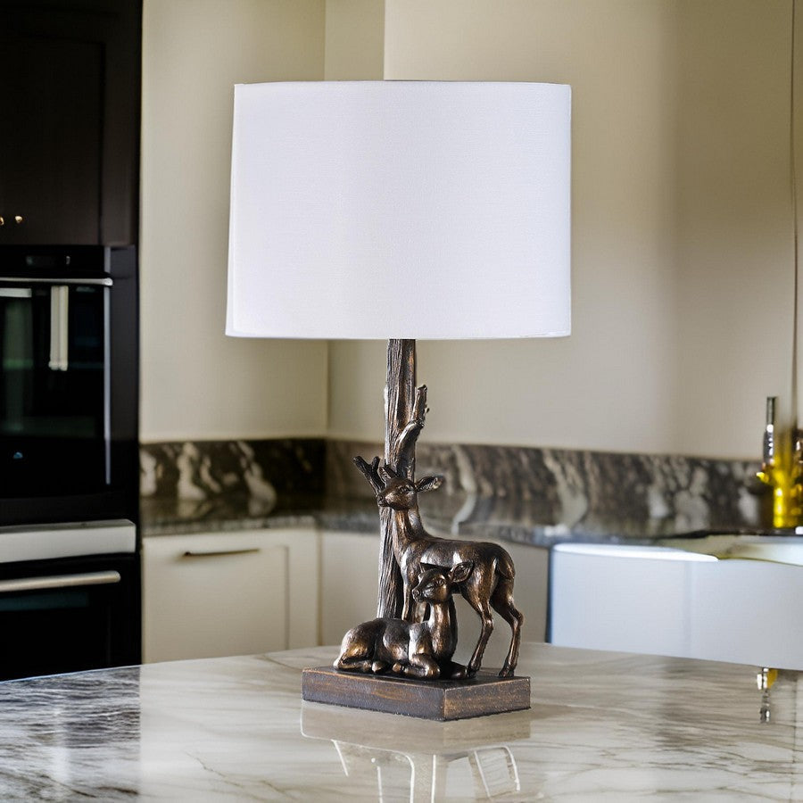 20 Inch Accent Table Lamp, Dual Roe Deer Design, White Drum Shade, Bronze By Casagear Home