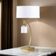 Jiya 29 Inch Arc Table Lamp, Hanging Design, 2 White Drum Shades, Gold By Casagear Home